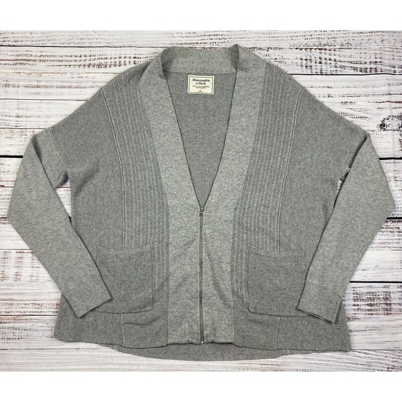 Abercrombie & Fitch Zip Up Cardigan Sweater Gray Grandpa Baggy Oversized‎ Sz L - Picture 1 of 3
